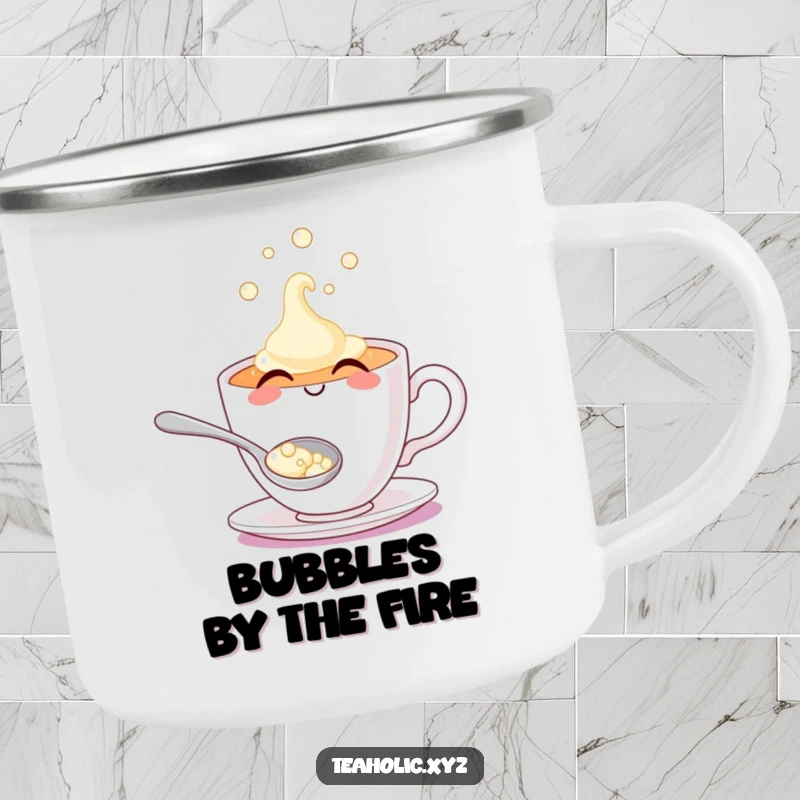 Sturdy smiling teacup character, overflowing with bubbles, perfect for enjoying drinks on the go.