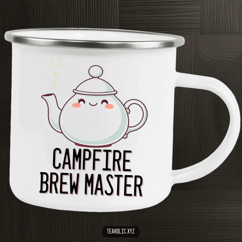 Funny Teapot Character Camping Mug: A sturdy mug featuring a cute teapot wearing a hat, pouring a cheerful puff of steam.