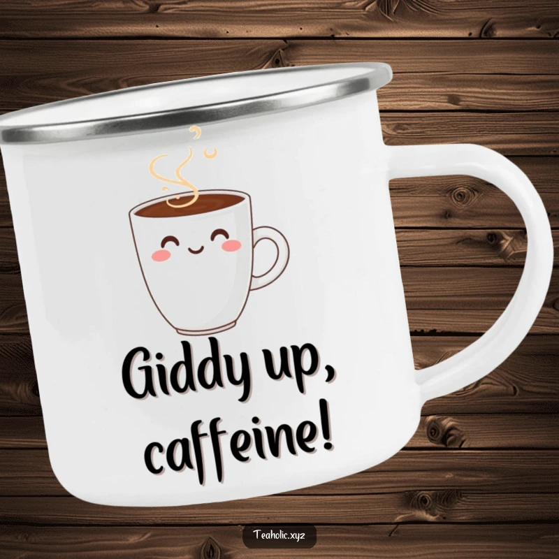 Funny smiling coffee cup camping mug, durable enamelware featuring a cheerful coffee cup design for outdoor use.