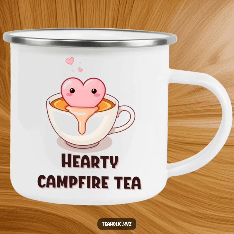 Funny candy heart happily melting into a warm cup of tea, designed for a durable and humorous camping mug.