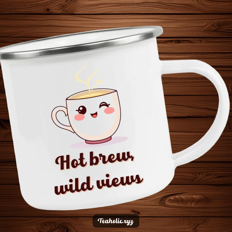 Funny camping mug with a smiling teacup character happily pouring steaming liquid.