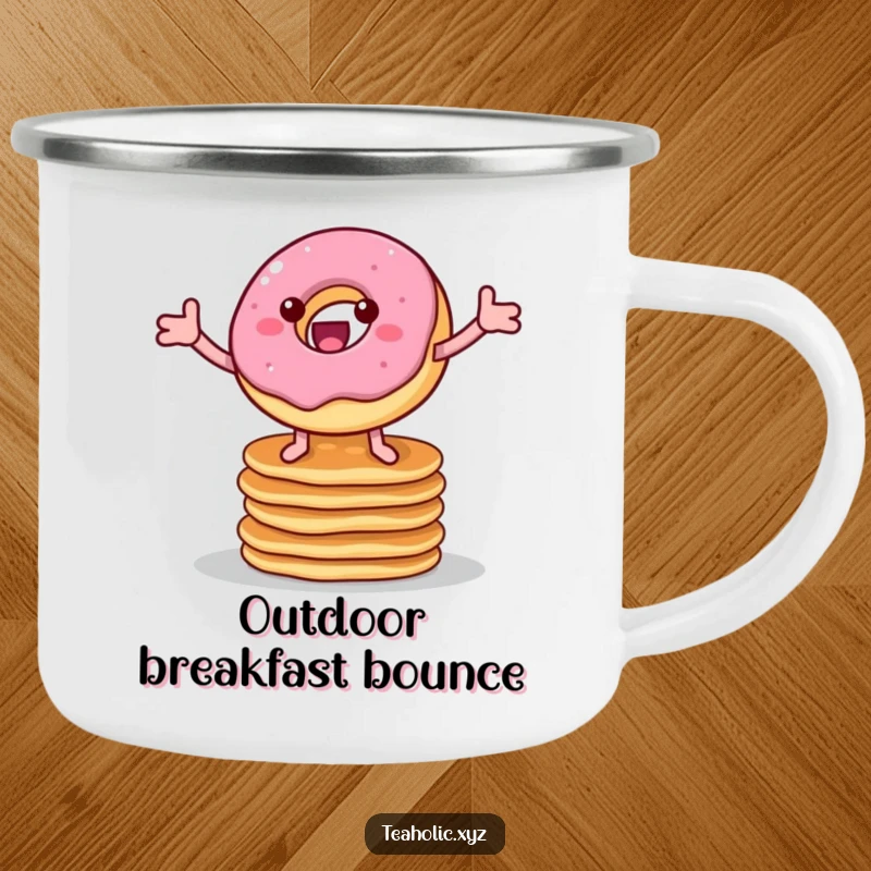 Funny camping mug featuring a cheerful donut with legs bouncing on pancakes, designed for outdoor use and breakfast enjoyment.