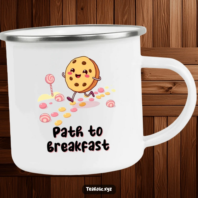 Funny Camping Mug with a cheerful cookie character skipping along a candy path, perfect for enjoying drinks on the go.