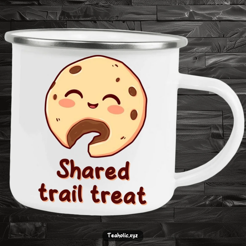 Funny Cookie Camping Mug: A giggling cookie with a bite taken out generously offers a crumb, ready for sweet outdoor adventures.