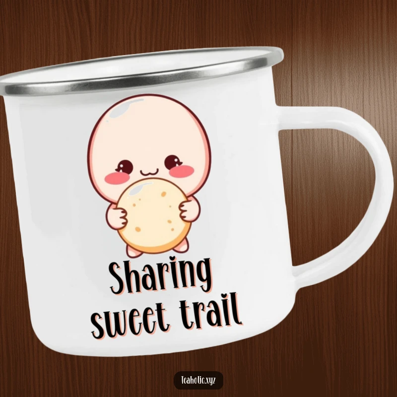 Funny blushing macaron character shyly offering a sugar cookie with both hands on a durable camping mug.