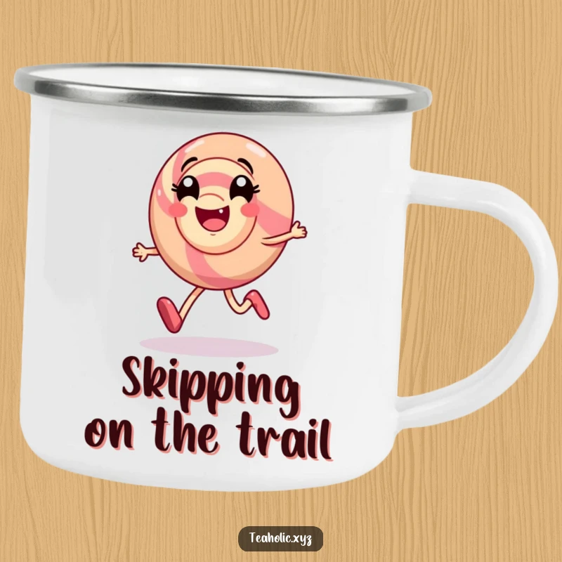 Funny camping mug showing a candy character skipping with a swirl of delight, bringing cheer to the outdoors.