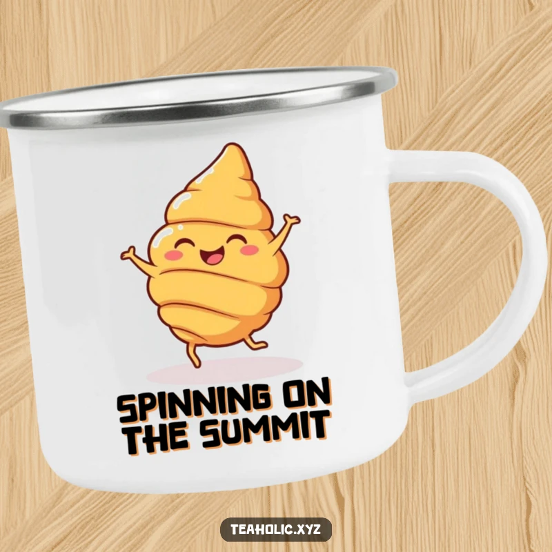 Funny Camping Mug showcasing a cheerful croissant with legs, joyfully spinning, built for durable and delightful outdoor enjoyment.