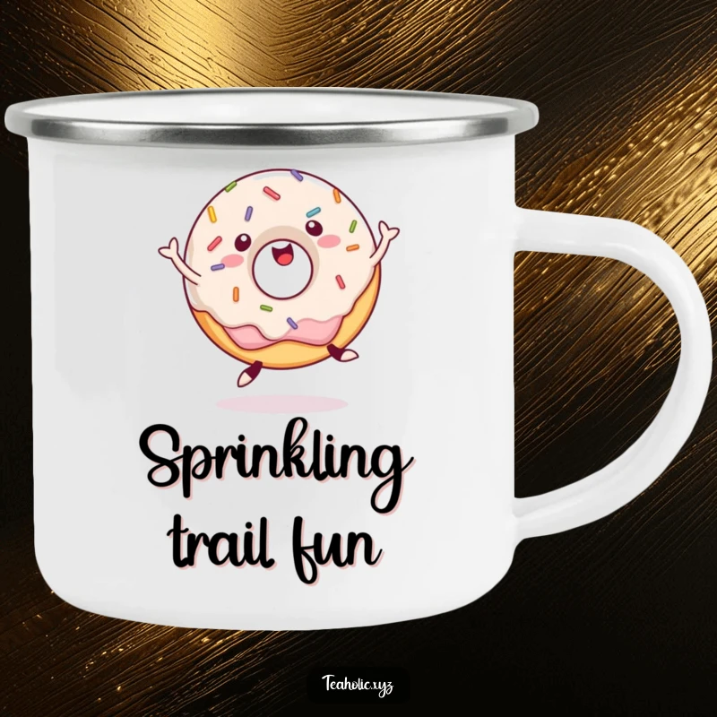 Funny Camping Mug showcasing a happy donut with sprinkles, joyfully jumping, built for durable and cheerful outdoor enjoyment.