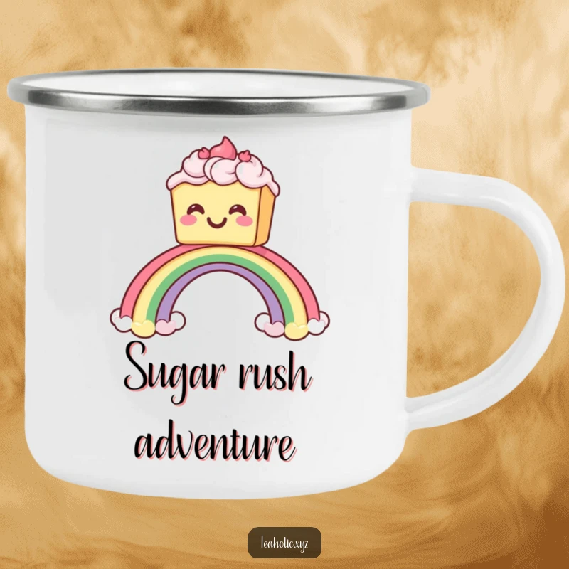 Funny camping mug featuring a grinning cake with frosting sliding down a rainbow, ideal for enjoying drinks around the campfire.