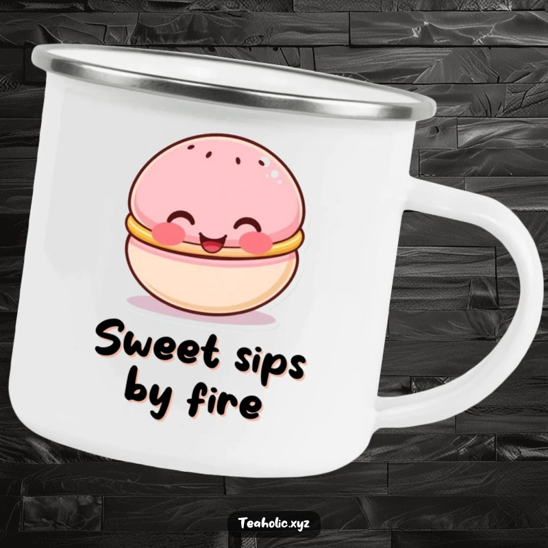 Funny camping mug featuring a cute macaron character with rosy cheeks, beaming happily, great for sweet outdoor drinks.
