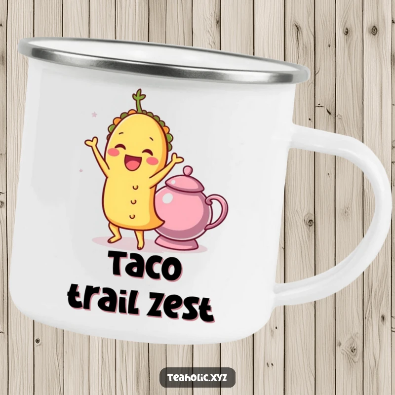 Funny taco doing a joyful shimmy next to a teapot, designed for a durable and humorous camping mug.