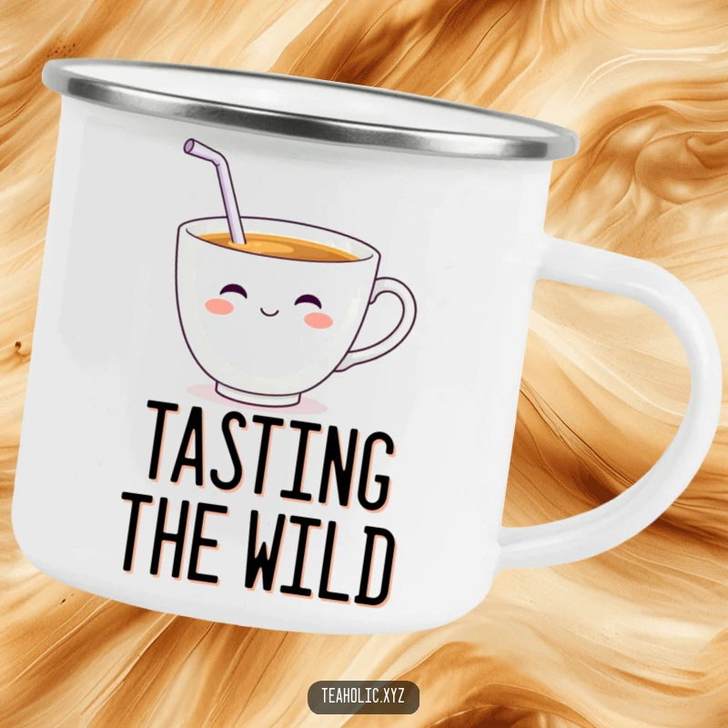 Funny Teacup Character Camping Mug: A sturdy mug featuring a smiling teacup with a wiggling straw taking a big sip.