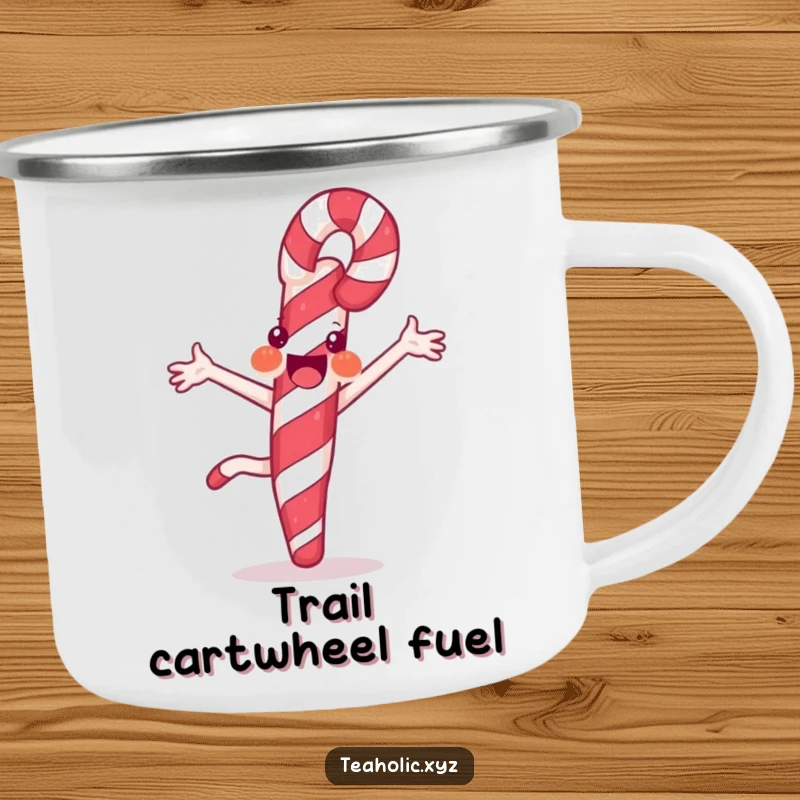 Funny camping mug featuring a joyful candy cane performing a cartwheel with its stripes, ideal for outdoor enjoyment and sweet sips.
