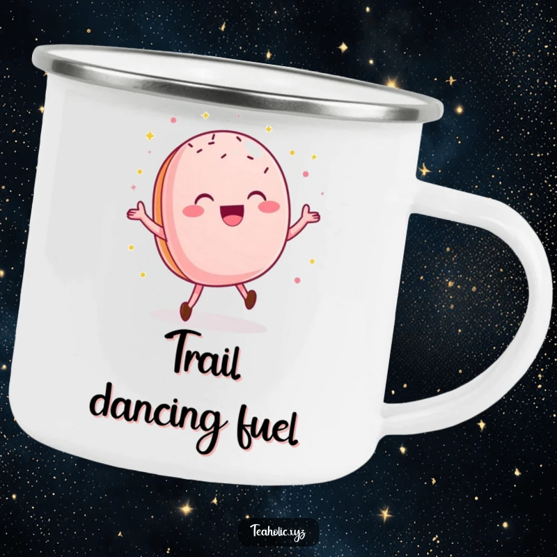 Funny macaroon camping mug depicting a delighted pastry doing a happy dance with sprinkles, humorous outdoor gear.