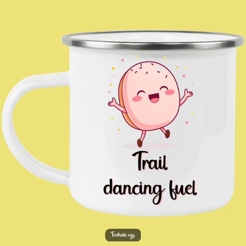 Funny Macaroon Camping Mug: Sip Sweetly with this Happy Dance Design