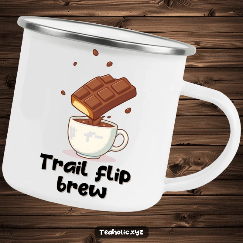 Funny playful chocolate bar doing a somersault over a steaming mug on a sturdy camping mug.