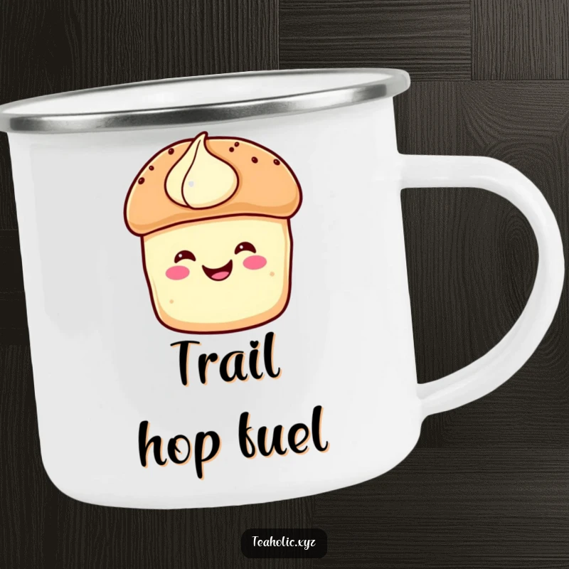 Funny Camping Mug: A happy scone with cream hops with glee, perfect for outdoor enjoyment and rustic charm.
