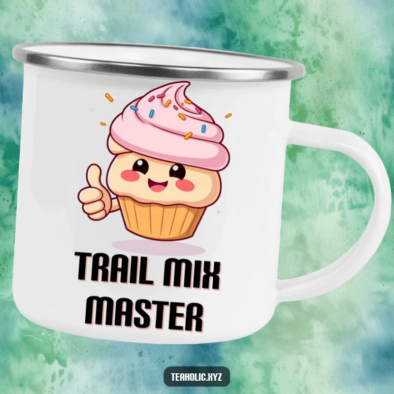 Funny Muffin Camping Mug: Cheerful character giving a thumbs up with sprinkles flying, durable and humorous for outdoor use.