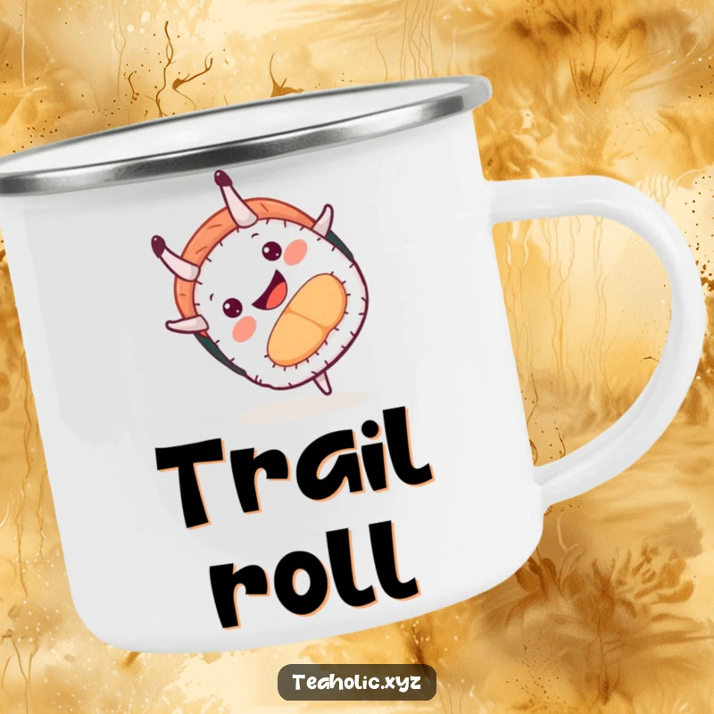 Funny camping mug with a smiling sushi piece doing a playful somersault, perfect for enjoying drinks during outdoor adventures.