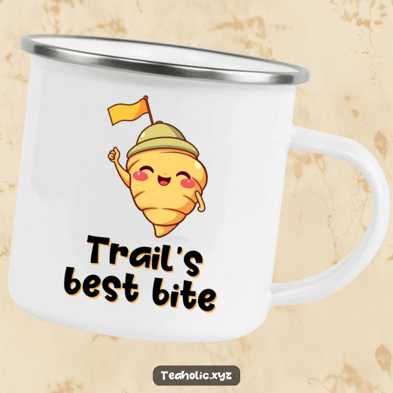 Funny camping mug featuring a giggling croissant in a jaunty cap, perfect for cozy outdoor sips.