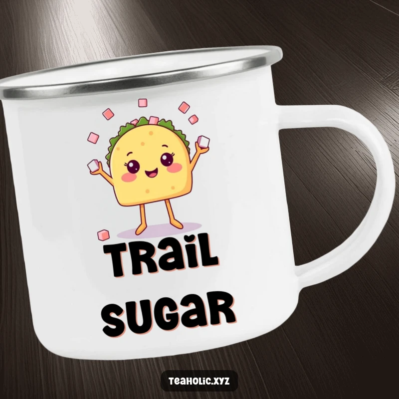 Funny camping mug with a happy taco character with legs juggling sugar cubes, perfect for enjoying drinks during outdoor adventures.