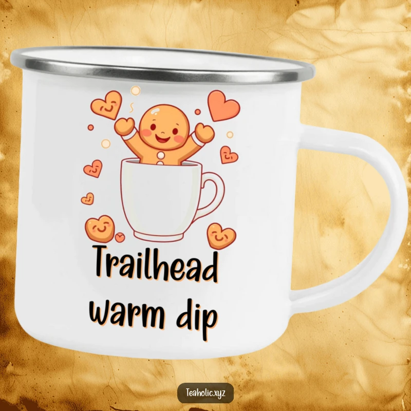 Funny gingerbread man camping mug featuring a smiling character jumping into a steaming mug, perfect for outdoor enjoyment with holiday humor.