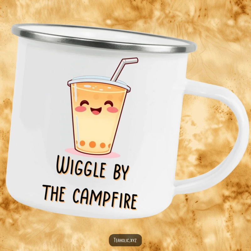 Funny Camping Mug showcasing a smiling tea cup with a straw, joyfully wiggling, designed for durable and humorous outdoor enjoyment.