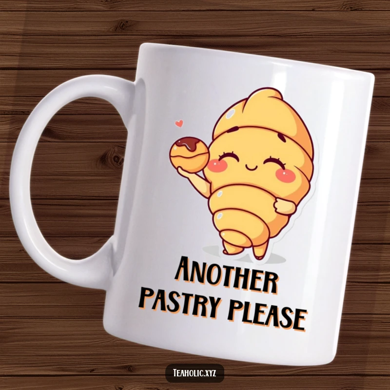 Funny Croissant Mug: A smiling croissant character winks while offering a small pastry, exuding warmth and delicious charm.