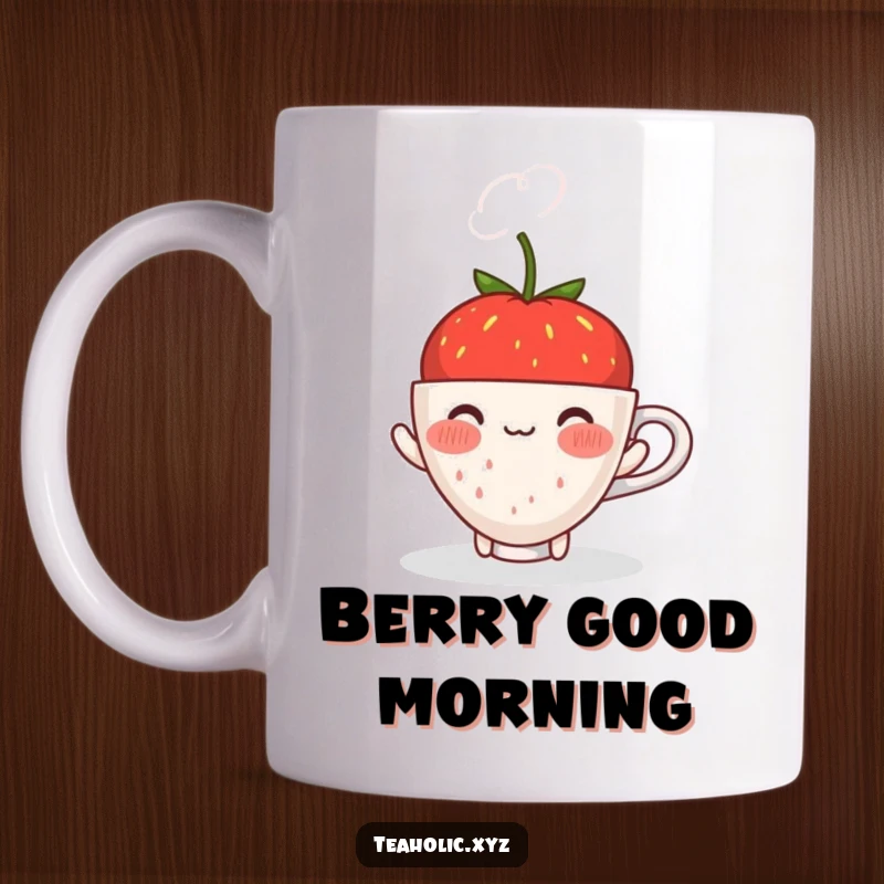Funny blushing strawberry with a shy smile offering a steaming cup of tea on a charming mug.