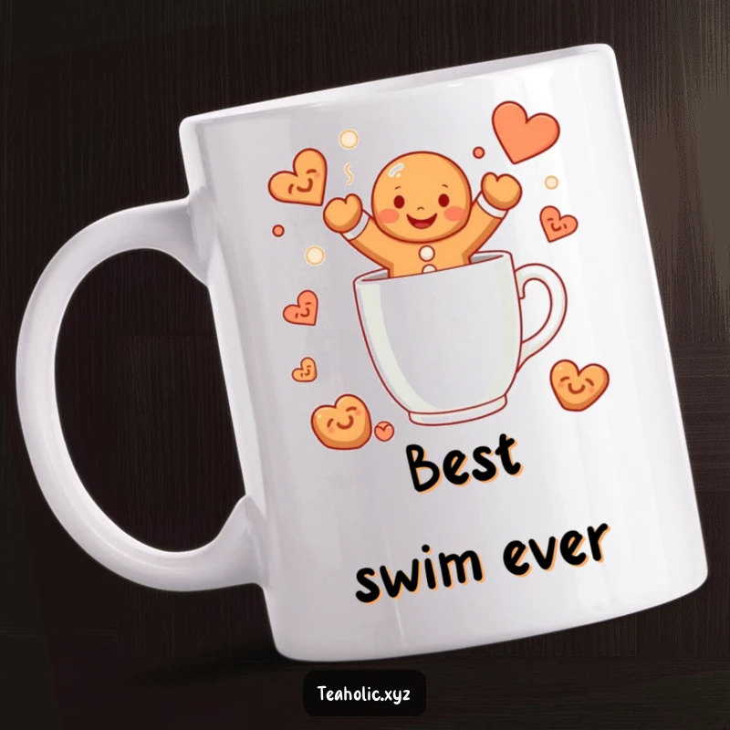 Funny gingerbread man mug featuring a smiling character joyfully diving into a steaming hot beverage, representing cozy and funny moments.
