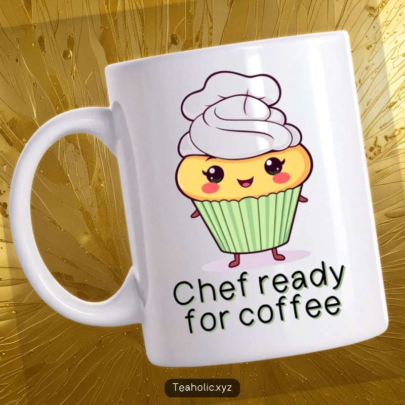 Funny proud cupcake character wearing a tiny chef hat, holding a whisk on a mug.
