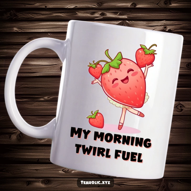 Funny ballet strawberry mug showing a joyous fruit dancer in mid-pirouette, perfect for a funny gift.
