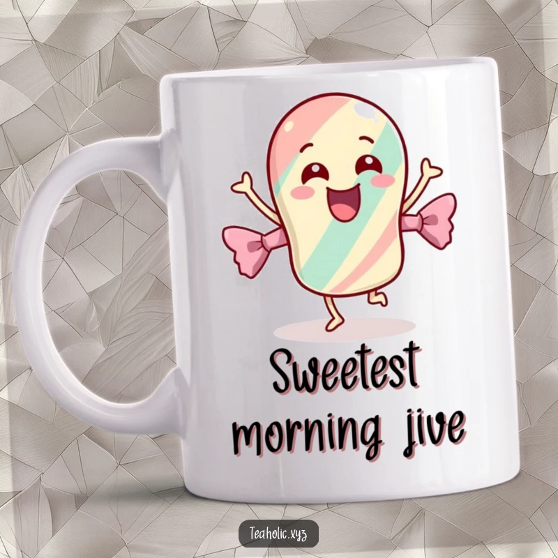 Funny mug featuring a cheerful candy with its wrapper dancing energetically, radiating pure, unadulterated fun and excitement.