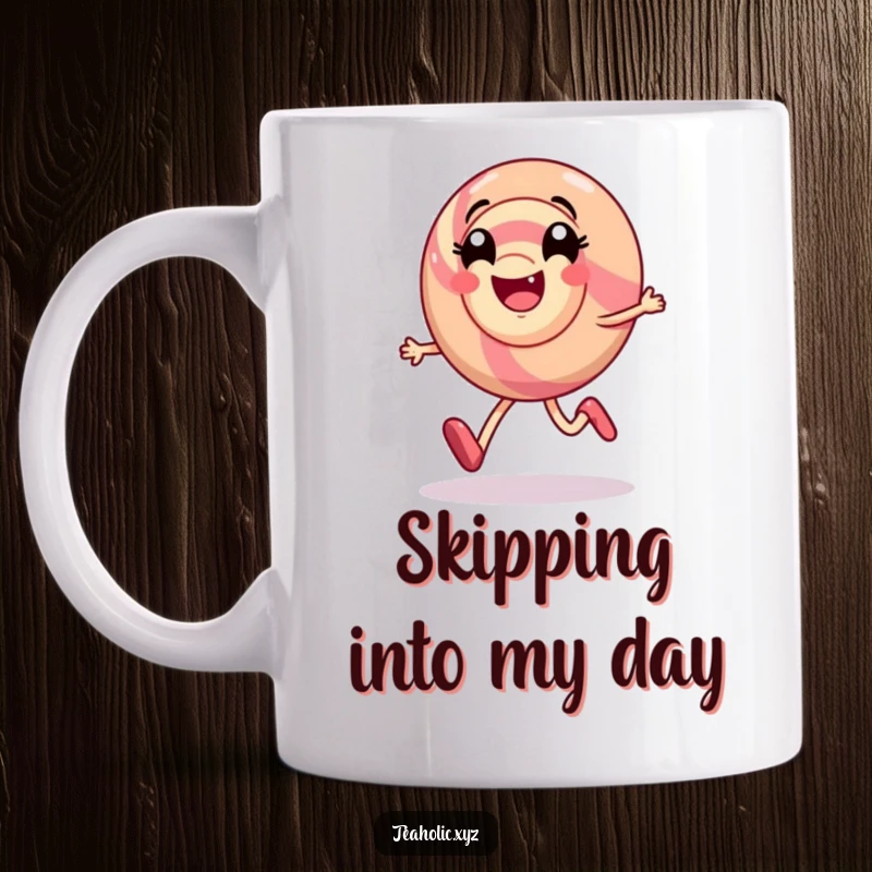 Funny mug featuring a smiling candy character happily skipping with a visible swirl of delight, embodying pure joy.