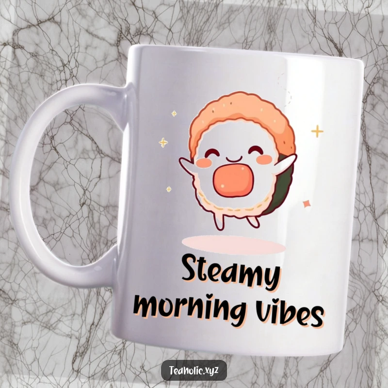 Funny sushi mug featuring a charmed piece of sushi doing a delightful dance amidst swirling tea steam, exceptionally funny and artistic.