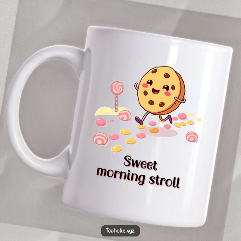 Funny Mug featuring a cheerful cookie character with legs skipping merrily along a colorful candy path, radiating joy.