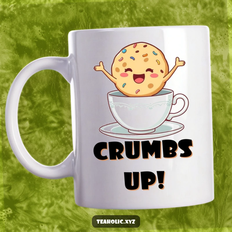 Funny mug showing a delighted cookie with sprinkles jumping excitedly inside a teacup, radiating pure happiness.