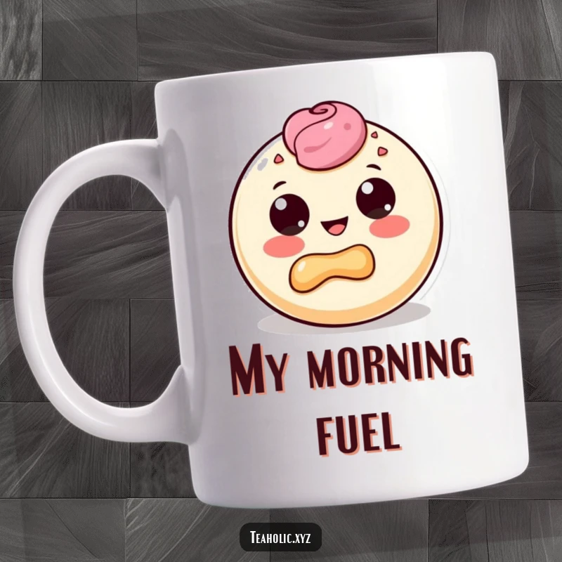 Funny mug showing a round pastry character with big dot eyes joyfully taking a big, delighted bite of itself.