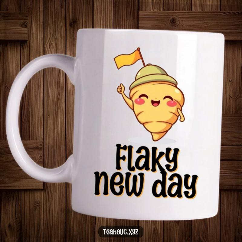 Funny mug featuring a giggling croissant wearing a jaunty cap and waving a tiny flag, full of joy.