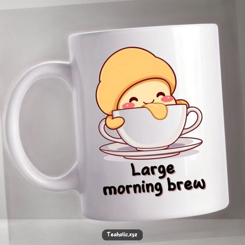 Smiling croissant character enthusiastically taking a giant sip from a teacup, embodying morning delight.