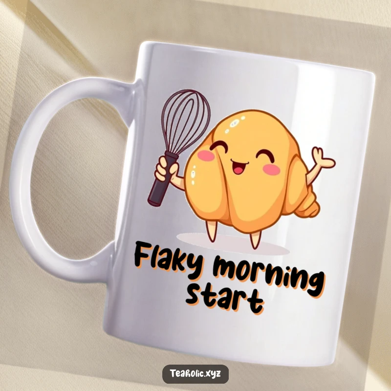 Funny mug featuring a whimsical croissant character enthusiastically waving a tiny whisk, embodying a passion for baking and culinary delight.