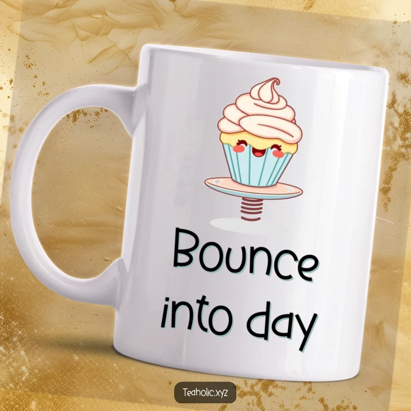 Funny mug featuring a giggling cupcake character joyfully bouncing on a springy saucer, embodying pure sweetness and delightful energy.