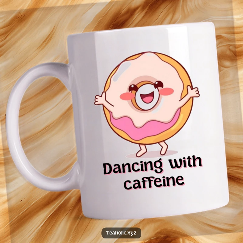 Funny mug showing a smiling donut character happily doing a little dance with sprinkles and icing.