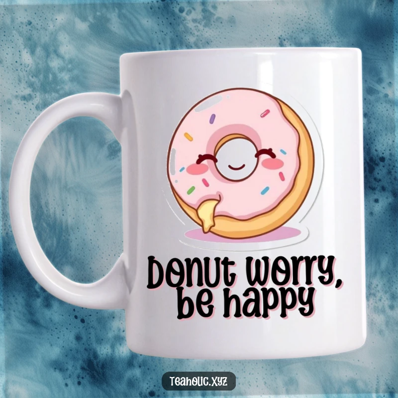 Funny mug showing a happy donut with a bite taken out, winking cheekily, radiating playful charm.
