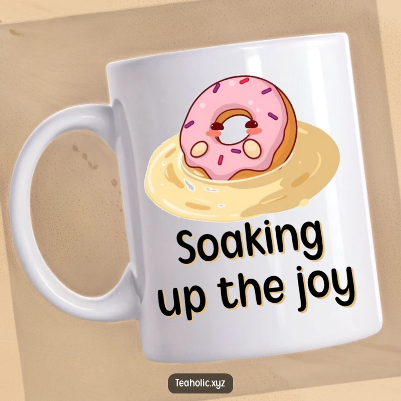 Funny donut mug featuring a happy donut joyfully rolling in a pool of tea, a humorous and delectable design.