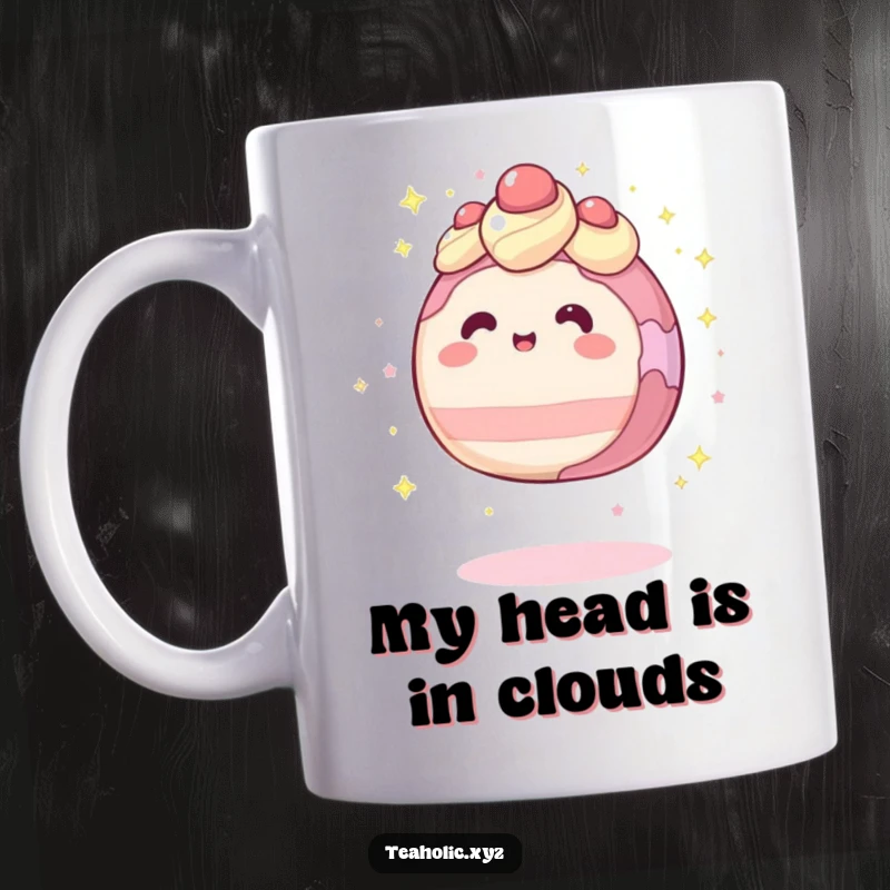 Funny mug featuring a round cake character levitating slightly, surrounded by magical sparkles, embodying enchantment.