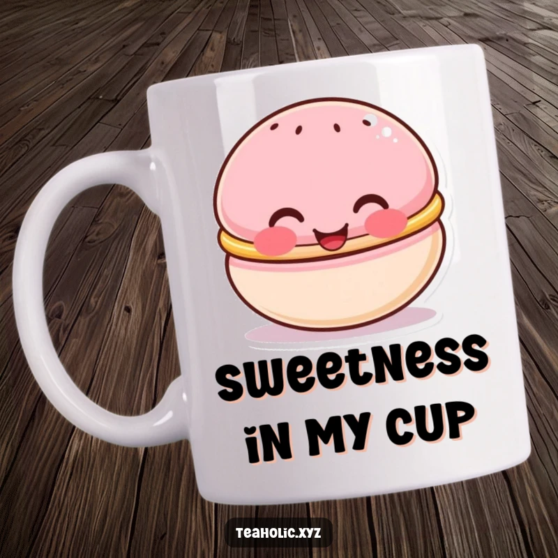 Funny macaron character mug, with rosy cheeks, beaming happily, perfect for sweet lovers and cheerful souls.