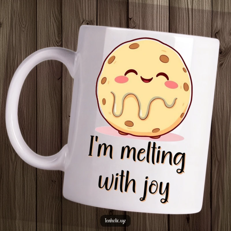 Funny mug featuring a plump cookie character with a blissful expression, slightly melting, radiating pure contentment and sweetness.