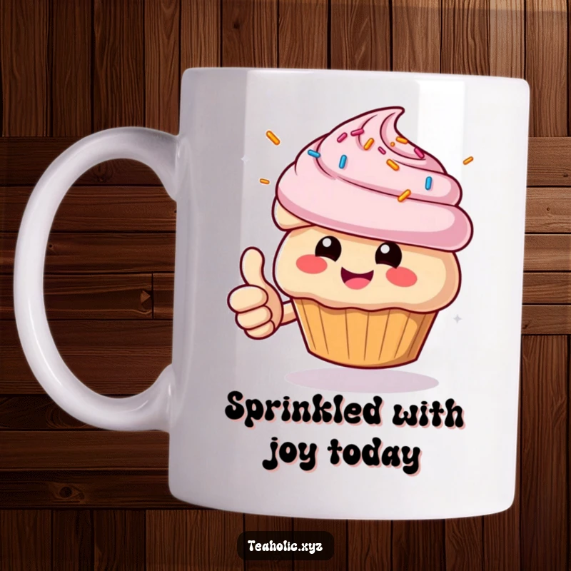 Funny Muffin Mug: Cheerful character giving a thumbs up with sprinkles flying, spreading joy and humor.