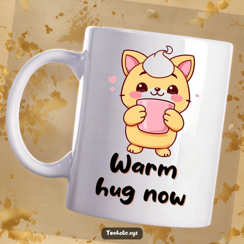 Funny mug showing a cheerful scone character with cute paws tightly holding a steaming mug of coffee.
